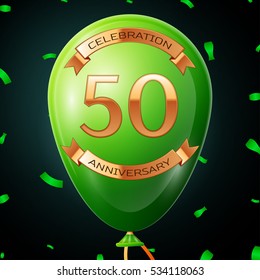 Green balloon with golden inscription fifty years anniversary celebration and golden ribbons, confetti on black background. Vector illustration