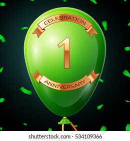 Green balloon with golden inscription one years anniversary celebration and golden ribbons, confetti on black background. Vector illustration
