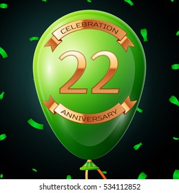 Green balloon with golden inscription twenty two years anniversary celebration and golden ribbons, confetti on black background. Vector illustration