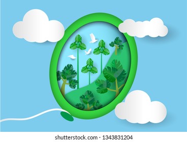 Green balloon and white cloud on blue sky background with landscape of paper art ,nature conservation and energy concept, vector or illustration style