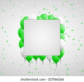 green balloons and color confetti with blank square paper in center