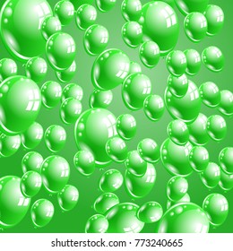 a lot of green balloons flying up on a green background