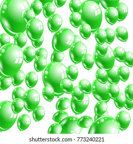 a lot of green balloons flying up.