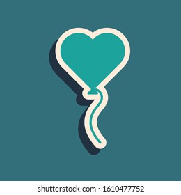 Green Balloons in form of heart with ribbon icon isolated on blue background. Valentines day symbol. Long shadow style. Vector Illustration