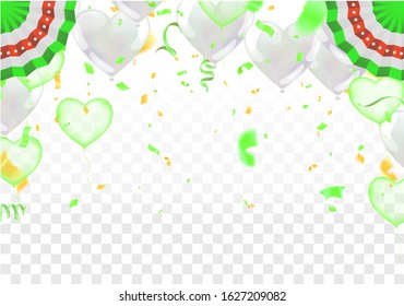 Green balloons with gold flags and confetti, party invitation.