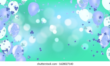 Green balloons with gold flags and confetti, party invitation.