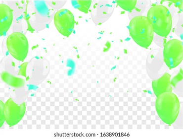 Green balloons with gold flags and confetti, party invitation.