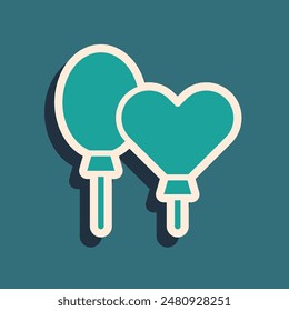 Green Balloons with ribbon icon isolated on green background. Long shadow style. Vector