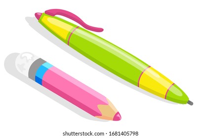 Green ballpoint pen and pink pencil isolated on white background. Colorful stationery, office supplies for writing and drawing. Back to school concept. Isometric style objects vector illustration