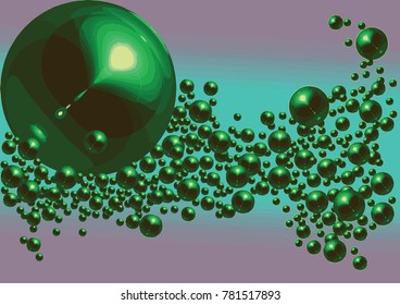 Green balls on violet and blue background. Emerald spheres with reflected white light on glassy surface. Christmas tree toys for invitation or postcard. Christmas and New Year vector. 
