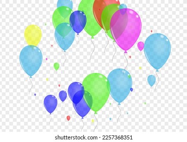 Green Baloon Background Transparent Vector. Surprise Rubber Template. Yellow Ribbon. Red Toy. Ballon Glossy Design.