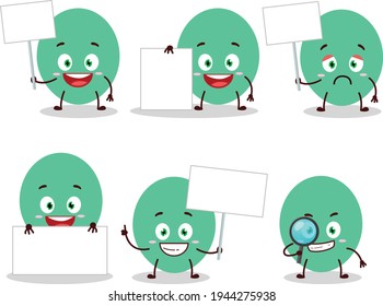 Green baloon cartoon character bring information board