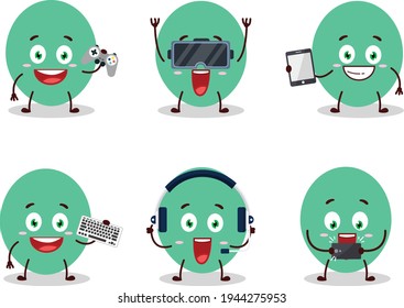Green baloon cartoon character are playing games with various cute emoticons