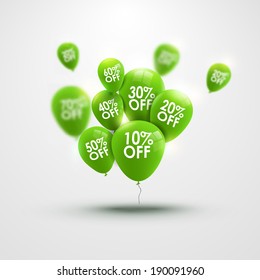 Green Baloons With Discounts. SALE Concept For Shops Store, Web And Other Commerce. Vector Illustration.