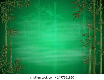 green bamboo background background Chinese house in the fog