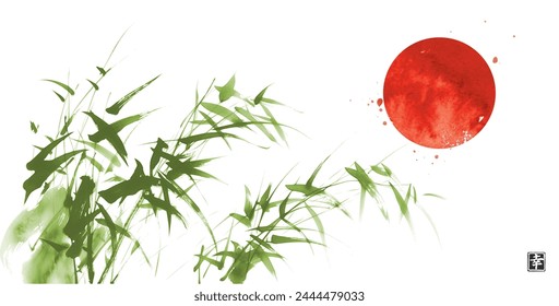 Bambú verde y gran sol rojo, símbolo de Japón sobre fondo blanco. Tinta japonesa tradicional lavado sumi-e. Jeroglífico - felicidad