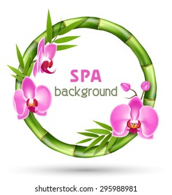 Green Bamboo Circle Frame with Pink Orchid Flowers Isolated on White Background