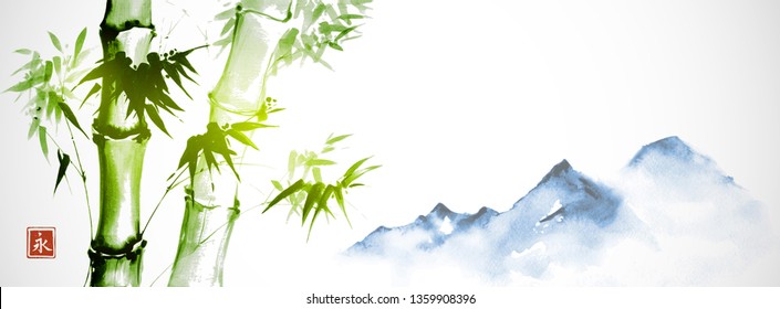 Green bamboo and far blue mountains on white background.Traditional Japanese ink wash painting sumi-e. Hieroglyph - eternity