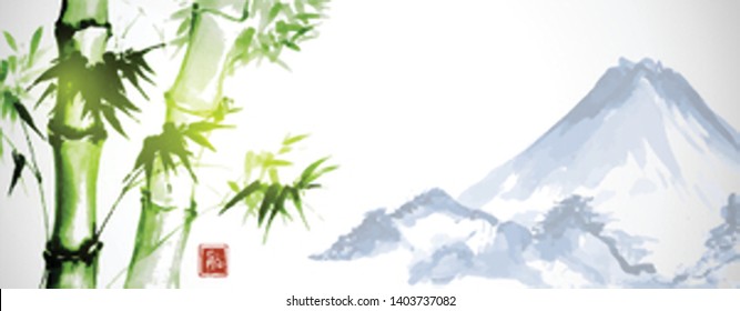 Green bamboo and far blue mountains on white background.Traditional Japanese ink wash painting sumi-e. Hieroglyph - eternity
