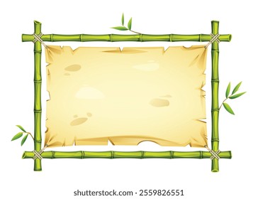Green bamboo frame with blank parchment and leaves, ideal for tropical or nature design. Vector cartoon illustration