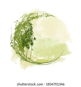 Green bamboo frame in the form of a circle. Silhouettes of bamboo trees on an abstract watercolor background in Asian style. Image for labels and decorations of items in an eco-friendly style.