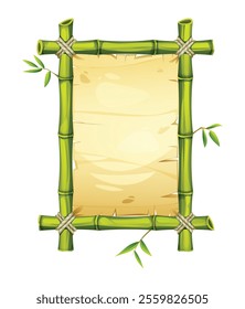 Green bamboo frame with leaves and parchment. Vector cartoon illustration