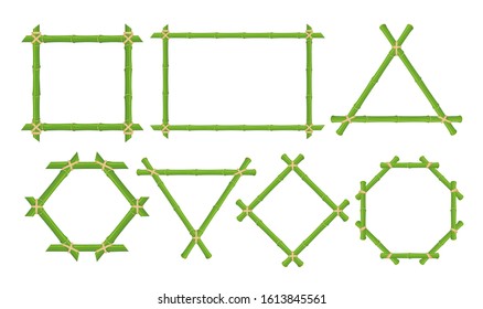 Green bamboo frames flat vector illustrations set. Tropical bamboo branch and stem borders with ropes isolated on white background. Handmade wooden botanical home decoration elements collection.