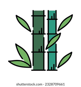 Green Bamboo with Leaves Colorful Outline Icon Design