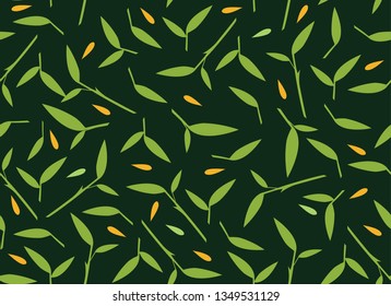 Green Bamboo Leaves Seamless Pattern on Dark Green Background