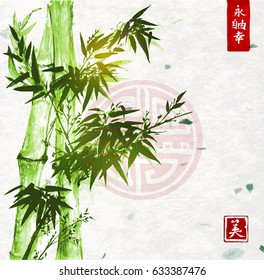 Green bamboo on handmade rice paper background. Traditional oriental ink painting sumi-e, u-sin, go-hua. Contains hieroglyphs - zen, freedom, nature, clarity.