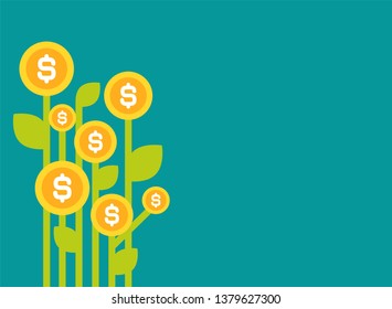 Green bamboo plant with gold dollar coins. Money tree on blue background. Flat vector illustration of growing profit and wealth. Investment, income growth wallpaper.