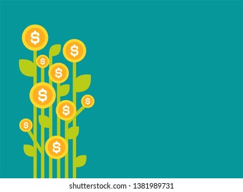 Green bamboo plant with gold dollar coins. Money tree on blue background. Flat vector illustration of growing profit and wealth. 
