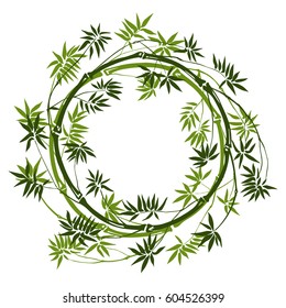 Green bamboo round frame on white background. Tropical mock up, nature textile print, template with text place.
