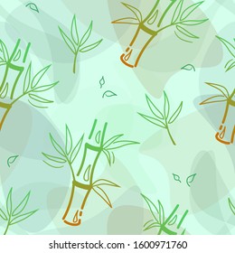 Green bamboo seamless pattern in khaki style on color background. Asian Decorative vector backdrop. Botanical drawing tile. Nature textile design. Exotic leaf texture for wallpaper. Chinese print.