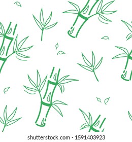 Green bamboo seamless pattern in line style on white background. Asian Decorative vector backdrop. Botanical drawing tile. Nature textile design. Exotic leaf texture for wallpaper. Chinese print.