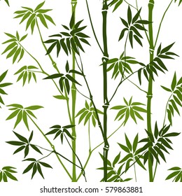 Green bamboo seamless pattern on white background. Tropical wallpaper, nature textile print.