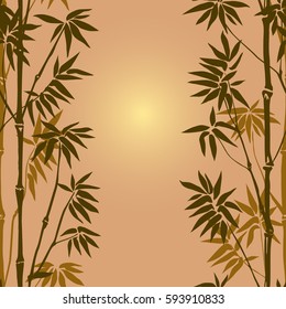 Green bamboo seamless vertical pattern on beige background. Tropical wallpaper, nature textile print, template with text place.