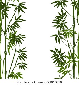 Green bamboo seamless vertical pattern on white background. Tropical wallpaper, nature textile print, template with text place.