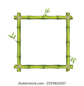 Green bamboo square frame with leaves, ideal for eco friendly or tropical projects. Vector cartoon illustration