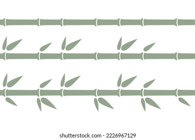 Green bamboo stalk seamless lines. Bamboo branch border with leaves. Vector illustration isolated in flat style on white background.