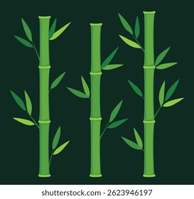 Green bamboo stems. Jungle forest silhouettes, bamboo branches with leaves, decorative bamboo shoots. Bamboo trees on white.