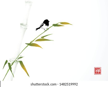 Green bamboo tree and little bird hand drawn with ink in minimalist style on white background. Traditional oriental ink painting sumi-e, u-sin, go-hua. Hieroglyph - zen