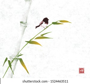 Green bamboo tree and little bird hand drawn with ink in minimalist style on rice paper backgrund.. Traditional oriental ink painting sumi-e, u-sin, go-hua. Hieroglyph - zen.