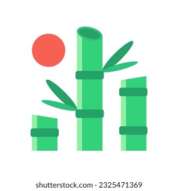 Green bamboo tree with red circle sun icon flat vector design