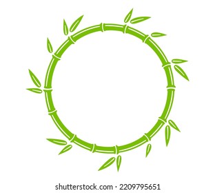 Marco de círculo del tronco verde de bambú. Cuadro de texto redondo natural. Borde de rama de bambú con hojas. Plantilla de marco en blanco. Ilustración vectorial aislada en estilo plano sobre fondo blanco.