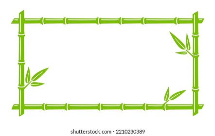 Green bamboo trunk rectangle frame. Natural text box. Bamboo branch border with leaves. Blank frame template. Vector illustration isolated in flat style on white background.