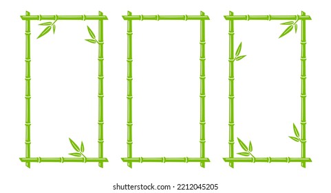 Green bamboo trunk rectangle frames. Vertical natural text boxes. Bamboo branch borders with leaves. Blank frame template. Vector illustration isolated on white background.