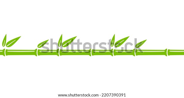 Green bamboo trunk seamless line. Bamboo\
branch border with leaves. Vector illustration isolated in flat\
style on white\
background.
