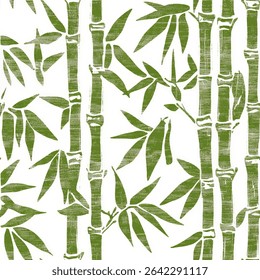 Green bamboo with a white background,  the hand-drawn on linen fabric print pattern, cotton, silk, vector illustration, doodle summer, kids and baby designs for print fabric.