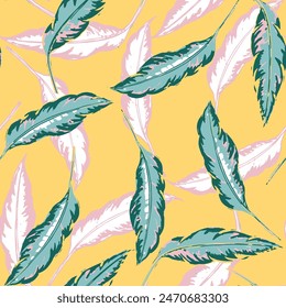 Green Banana Garden. Seamless Plant. Tropical Garden. Pattern Leaf. Watercolor Print. Floral Leaves. Summer yellow Background